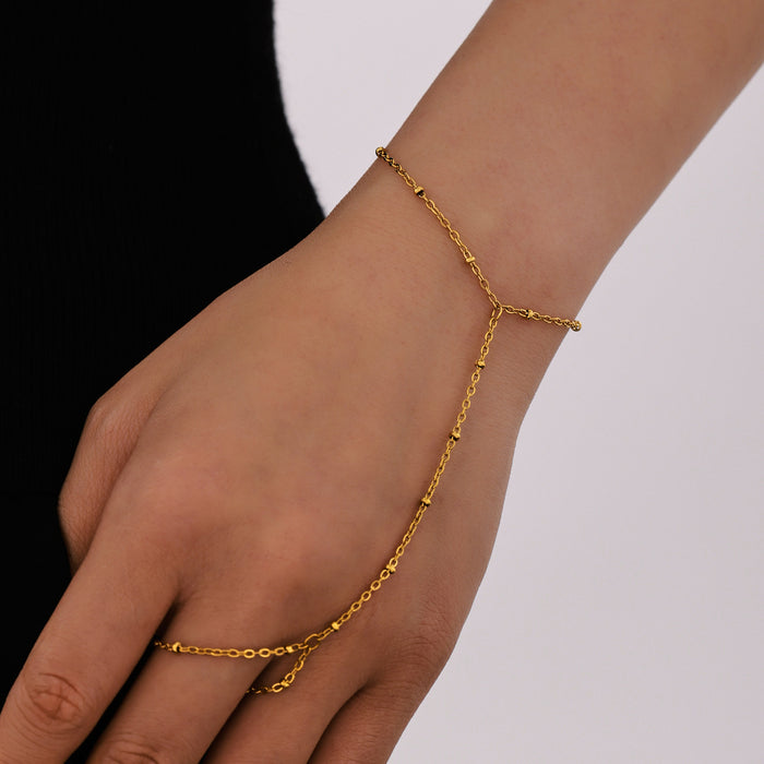Gold Stainless Steel Beaded Hand Finger Chain Bracelet Adjustable
