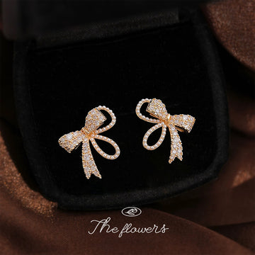 Gold Tone Clear Stone Ribbon Bow Stud Earrings For Women