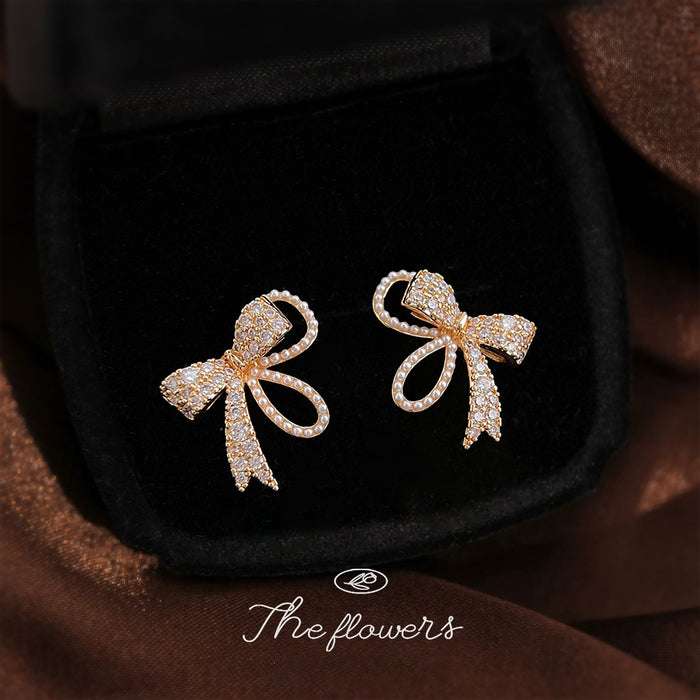Gold Tone Clear Stone Ribbon Bow Stud Earrings For Women