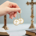 Round Wood Cross Disc Keychain Gold Hardware Four Styles view 4