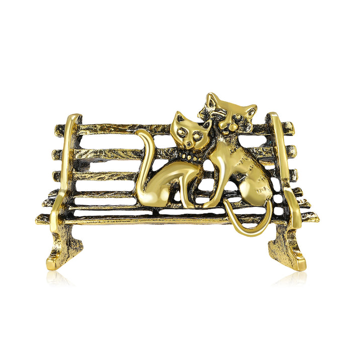 Two Cats on Park Bench Brooch in Antique Gold or Silver