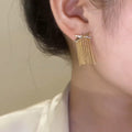 Crystal Bow and Gold Chain Fringe Stud Earrings With Metal Details view 2