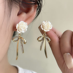 White Rose Clear-Stone Gold-Tone Bow Drop Earrings, Zinc Alloy