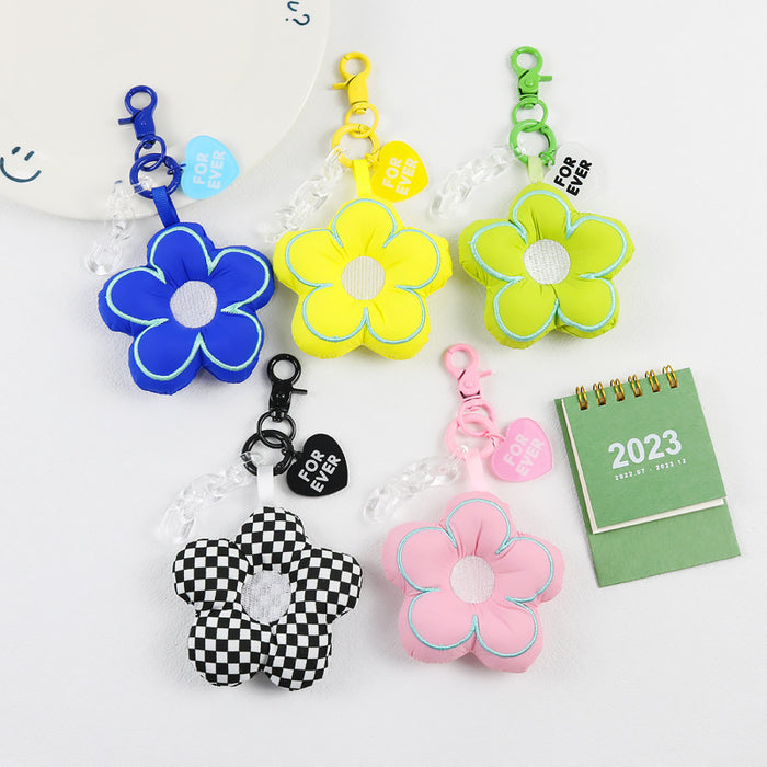 Puffy Fabric Flower Keychain with Acrylic Chain Heart Tag