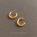Gold Thick Smooth C Shape Half Hoop Stud Earrings Pair view 3