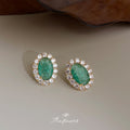 Gold Tone Green Crackle Oval Stone Double Clear Halo Stud Earrings view 4