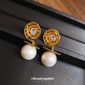 Gold Round Crystal Stud Earrings with White Pearl Drops view 4