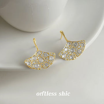 Gold Tone Clear Stone Pave Ginkgo Leaf Drop Earrings For Women