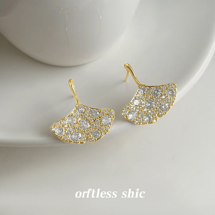 Gold Tone Clear Stone Pave Ginkgo Leaf Drop Earrings For Women