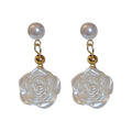 Gold Tone White Pearl Rose Flower Drop Polished Metal Polished Metal Earrings view 5