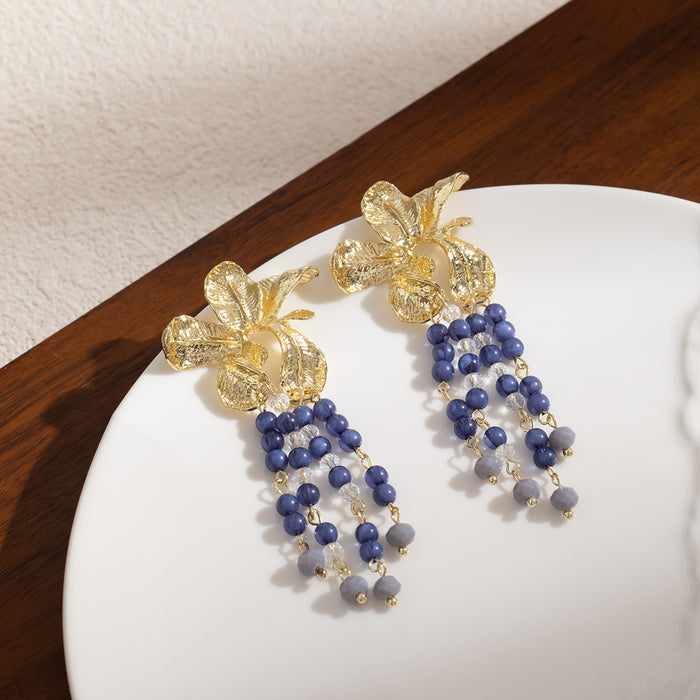 Blue Gray Bead Floral Cluster Gold Tone Long Earrings