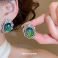 Green Oval Cabochon Crystal Frame Clip On Earrings view 2