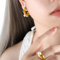 Gold Textured C Hoop Earrings Pearl Green Stone Accents view 3