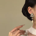 Silver Tone Floral Cluster Earrings with Pearl Tassel Drops view 3