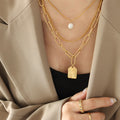 Layered Face Plaque Pearl Necklace Gold Steel Multi Chain view 4