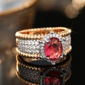 Oval Solitaire Halo Multi-Row Wide Ring In Red Or Clear Gold Tone view 5