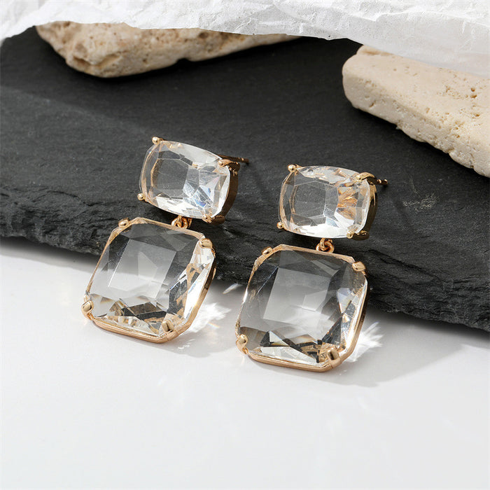 Gold Tone Double Clear Faceted Geometric Crystal Drop Earrings