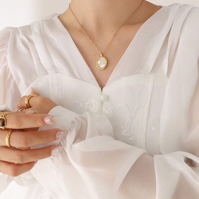 Gold Oval White Sea Shell Pendant Necklace Fine Chain