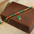 Gold Double Layer Necklace Green Tube Beads Square Pendant view 2