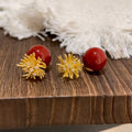 Red Bead and Gold Tone Starburst Asymmetric Stud Earrings view 1