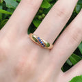 Gold Crossover Band Ring Blue Round Stone Line Accents view 4