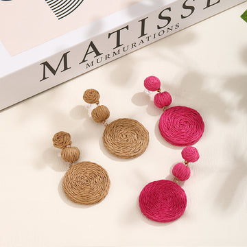 Brown Raffia Wrapped Triple Round Statement Stud Earrings