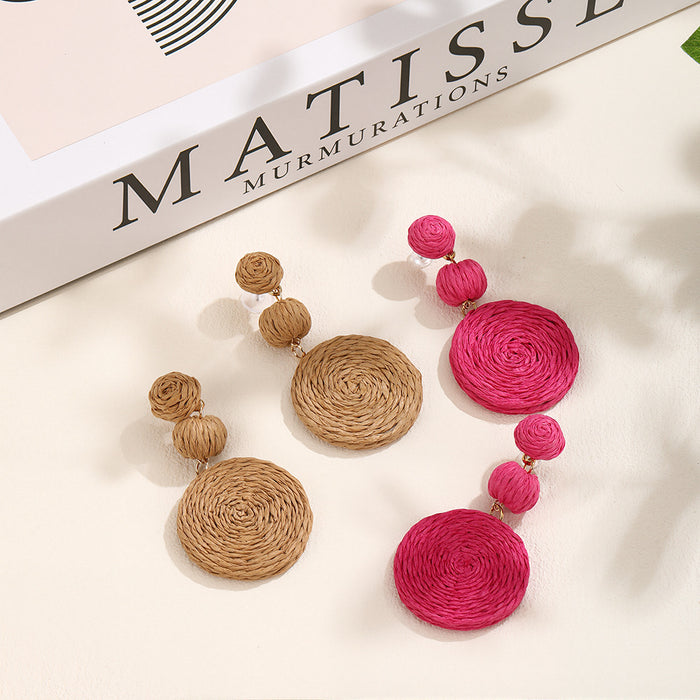 Brown Raffia Wrapped Triple Round Statement Stud Earrings