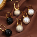 Gold Square Frame Ball Drop Earrings White Cream Black view 4