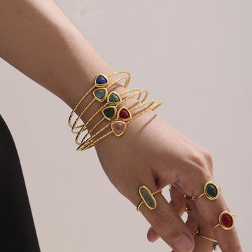 Gold Open Cuff Bangle Triangle Faceted Glass Stone