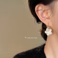 Gold Thin Hoop Cream Swirl Enamel Flower Charm Earrings view 2