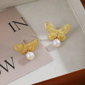 Asymmetric Engraved Butterfly Pearl Drop Stud Earrings view 4