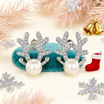Pearl Reindeer Blue Antler Stud Earrings in Silver Tone
