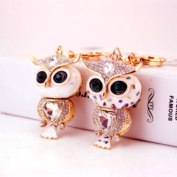 Gold-Tone Rhinestone Owl Keychain With White Or Multicolor Details