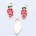 Pink Strawberry Enamel Charm with Green Top and Gold Tone Edge view 3