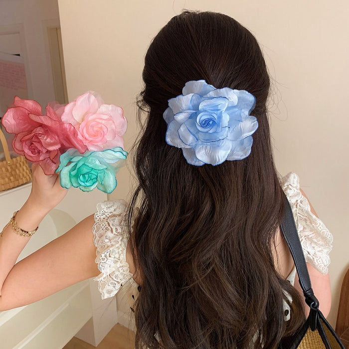 Mesh Fabric Rose Flower Hair Clip Pink Cyan Blue Mauve