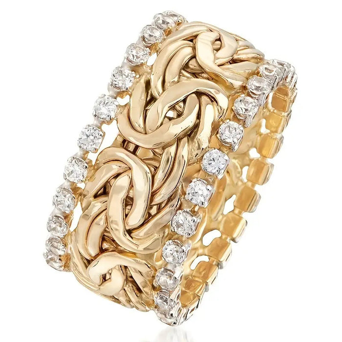Chain-Link Pattern Clear Stone Extra-Wide Ring In Polished Gold Tone