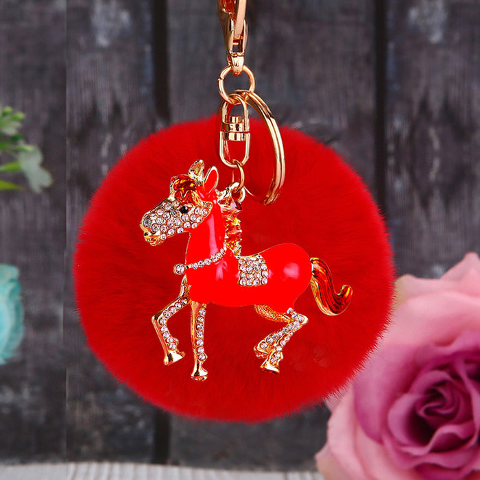 Crystal Thousand Mile Horse Keychains with Pompoms and Plain Options