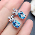 Silver Aqua Blue Oval CZ Flower Dangle Stud Earrings view 4