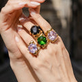 Gold Open Band Rings Large Round Faceted Stones Green Black Pink Purple view 4