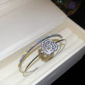 Open Double Layer Zircon Rose Flower Cuff Bangle Silver Gold view 6