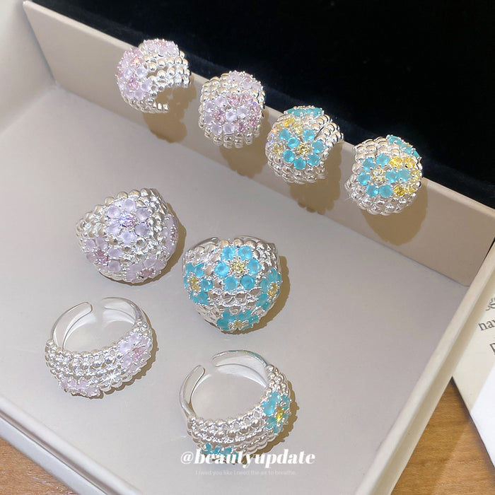 Silver Bead Flower Crystal Dome Rings And Stud Earrings