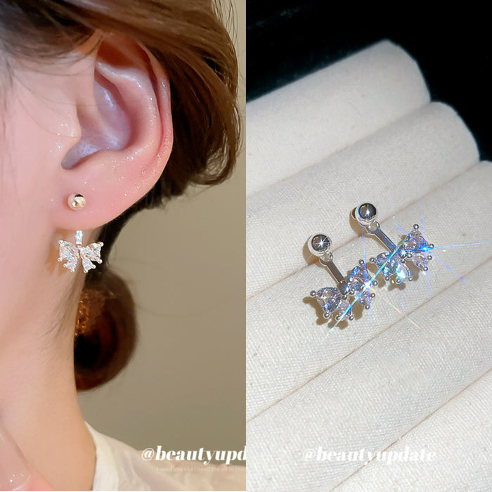 Silver Tone Crystal Bow Stud Earrings with Short Drops