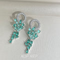 Silver Tone Emerald Green Leaf Vine Long Drop Stud Earrings view 4