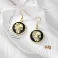 Gold Tone Red or Black Skull Portrait Disc Drop Earrings view 3