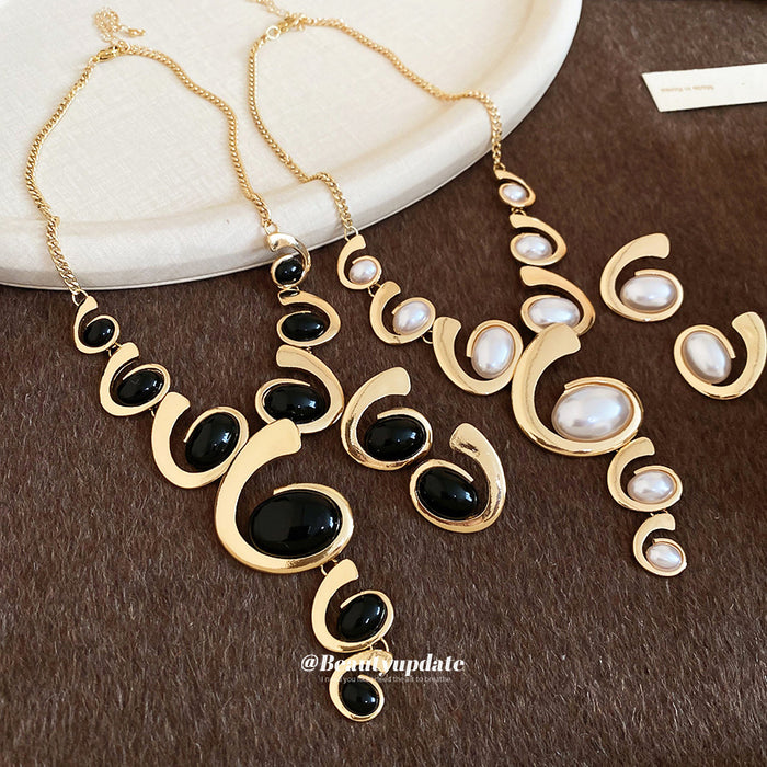 Gold Oval Cabochon Swirl Tassel Necklace And Earrings Set