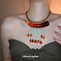 Brown Resin Bar and Beaded Fringe Collar Necklace with Decorative Details view 3