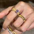 Gold Textured Oval Purple Stone Ring Pavé Side Band view 1