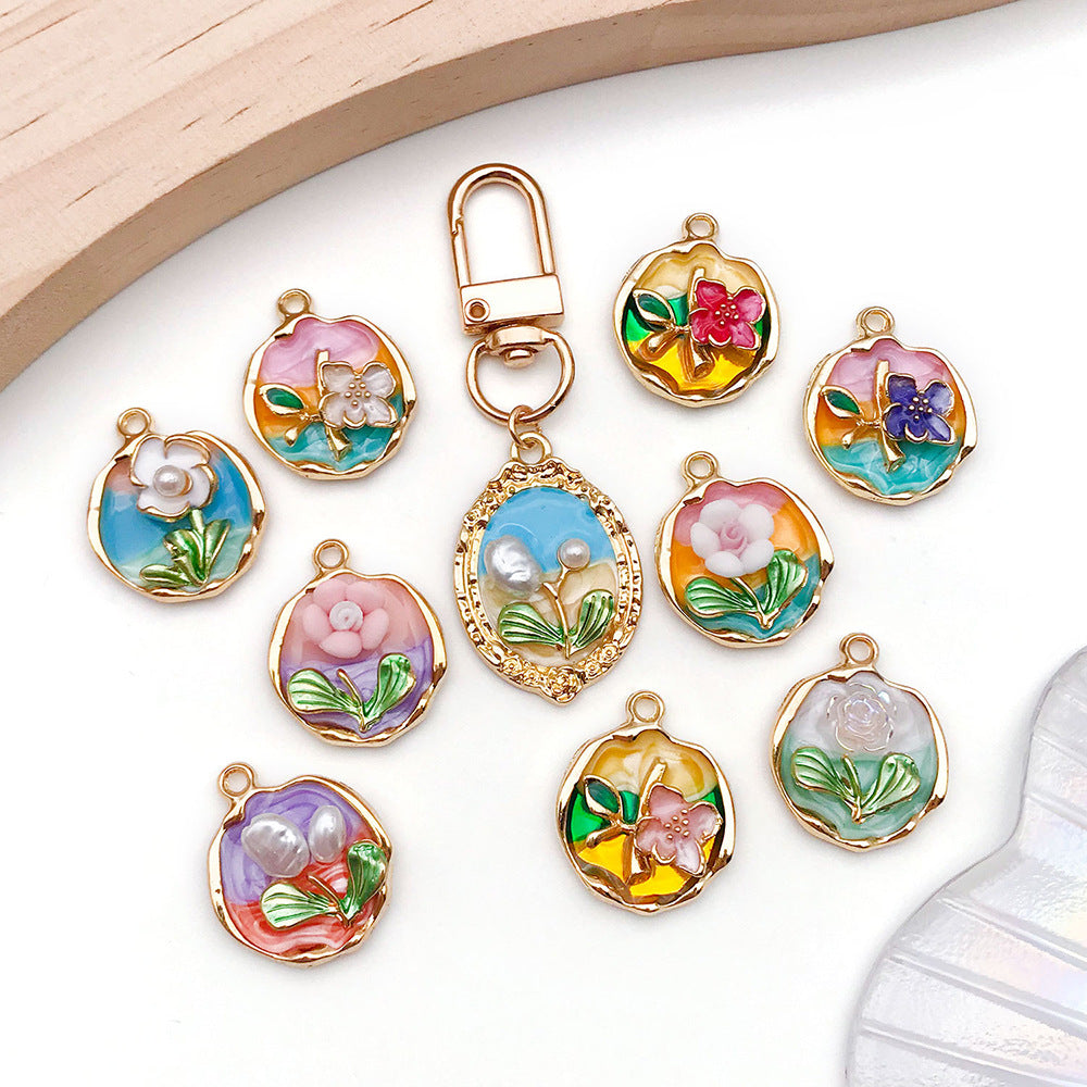Enamel Zinc Alloy Flower Oval Charm Pendant for DIY Necklace Keychain Jewelry Making