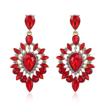 Red and Clear Teardrop Sunburst Crystal Dangle Earrings