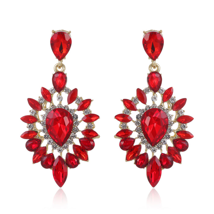 Red Silver Tone Teardrop Crystal Sunburst Crystal Two Designs Metal Dangle Earrings